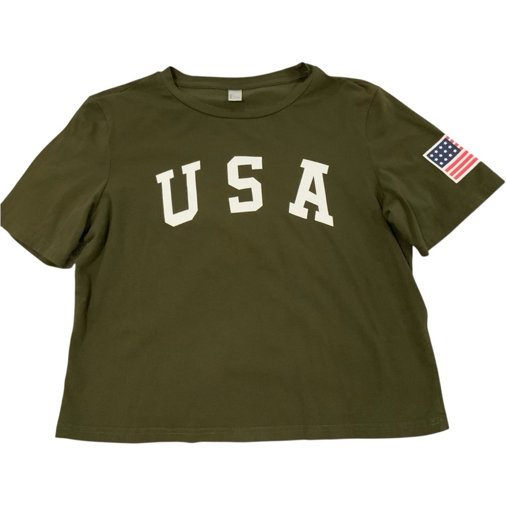 USA Shirt Army Green w/ Flag Cropped Crew Neck Tshirt